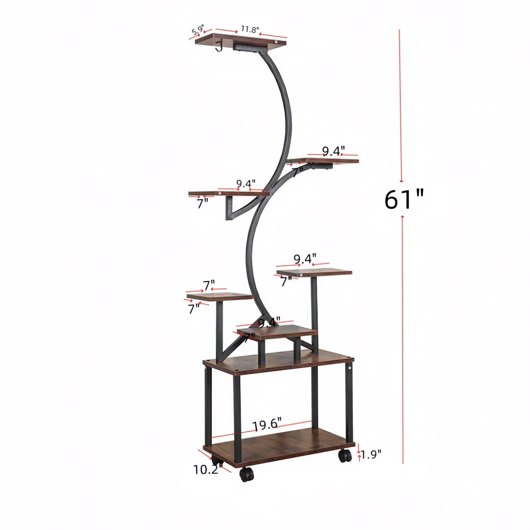 Indoor plant stand dimension guide showing overall height, floor clearance, and individual shelf sizes