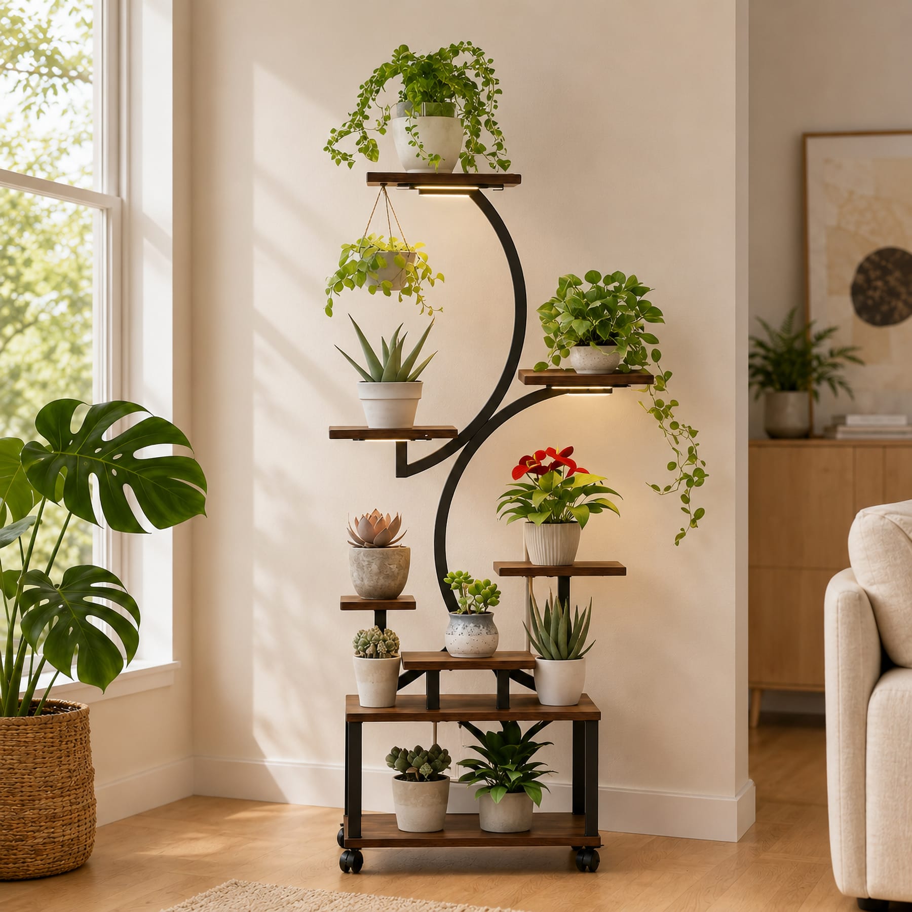Indoor plant stand with grow lights placed near a window in a home entryway corner