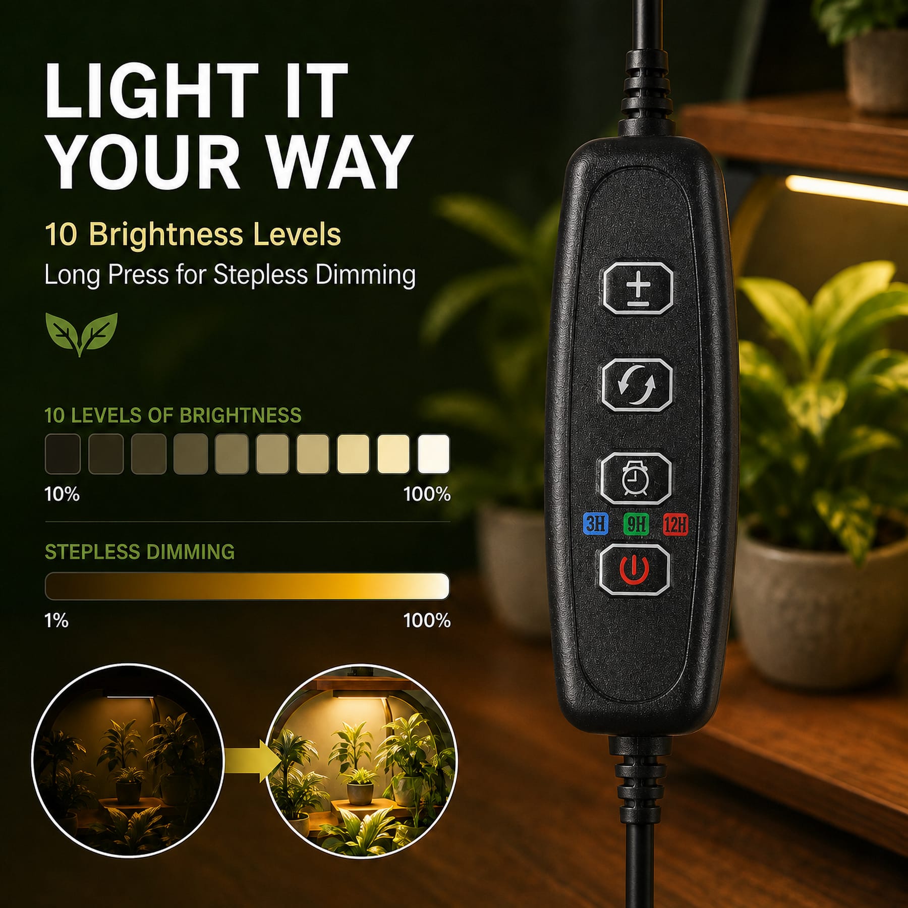 Indoor plant stand grow lights with 10 brightness levels and stepless dimming control