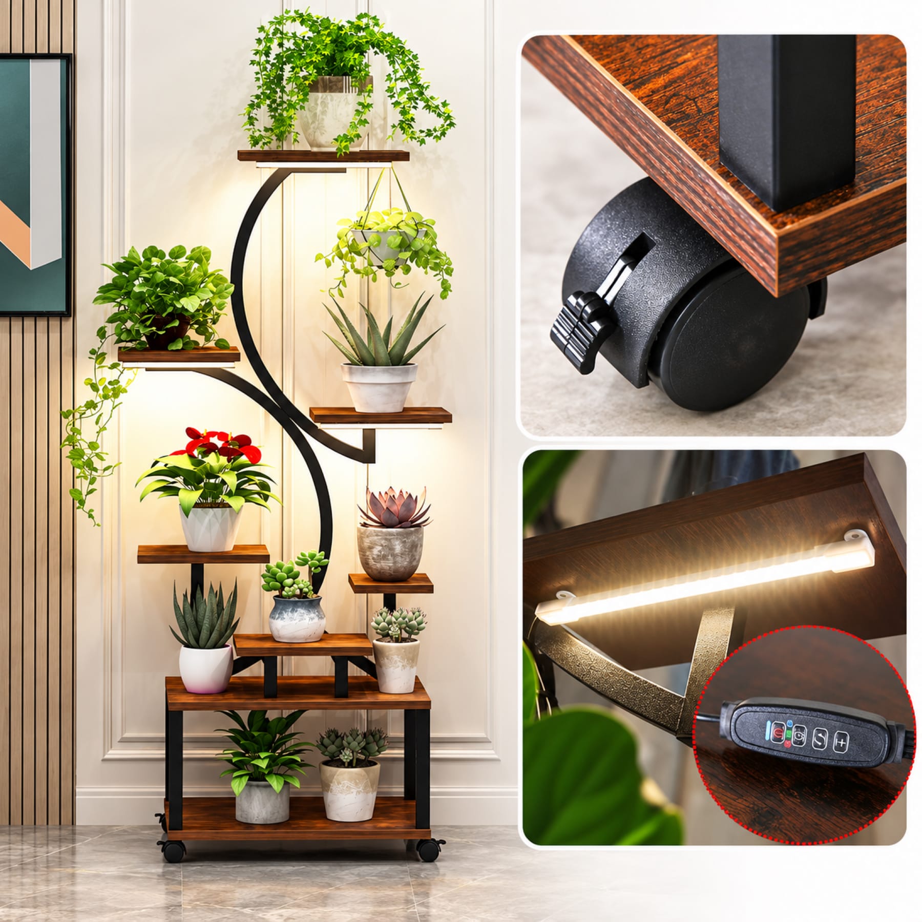 Indoor plant stand with grow lights showing locking caster wheel, shelf-mounted light, and control switch details
