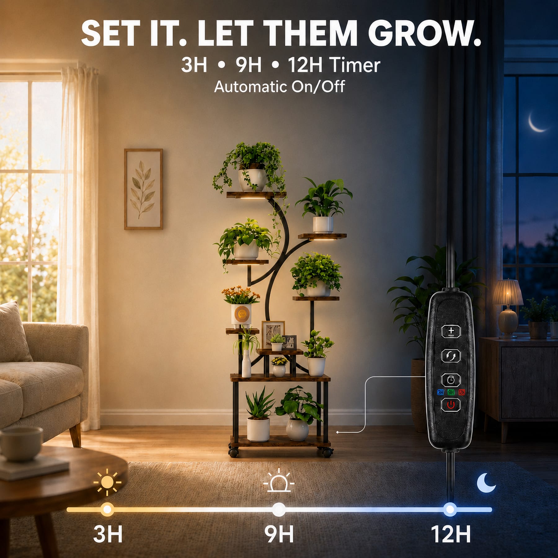 Indoor plant stand grow lights with 3 hour 9 hour and 12 hour timer settings and automatic on off