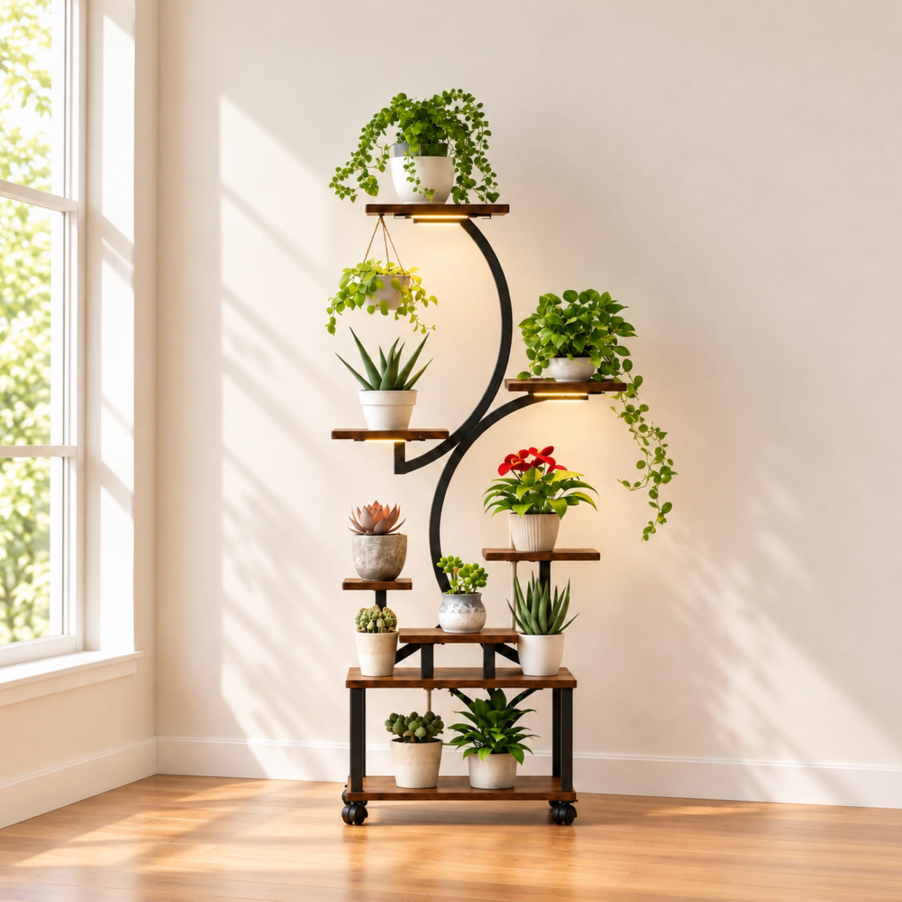 61-inch indoor plant stand with grow lights, eight tiered shelves, hanging plants, and wheeled base