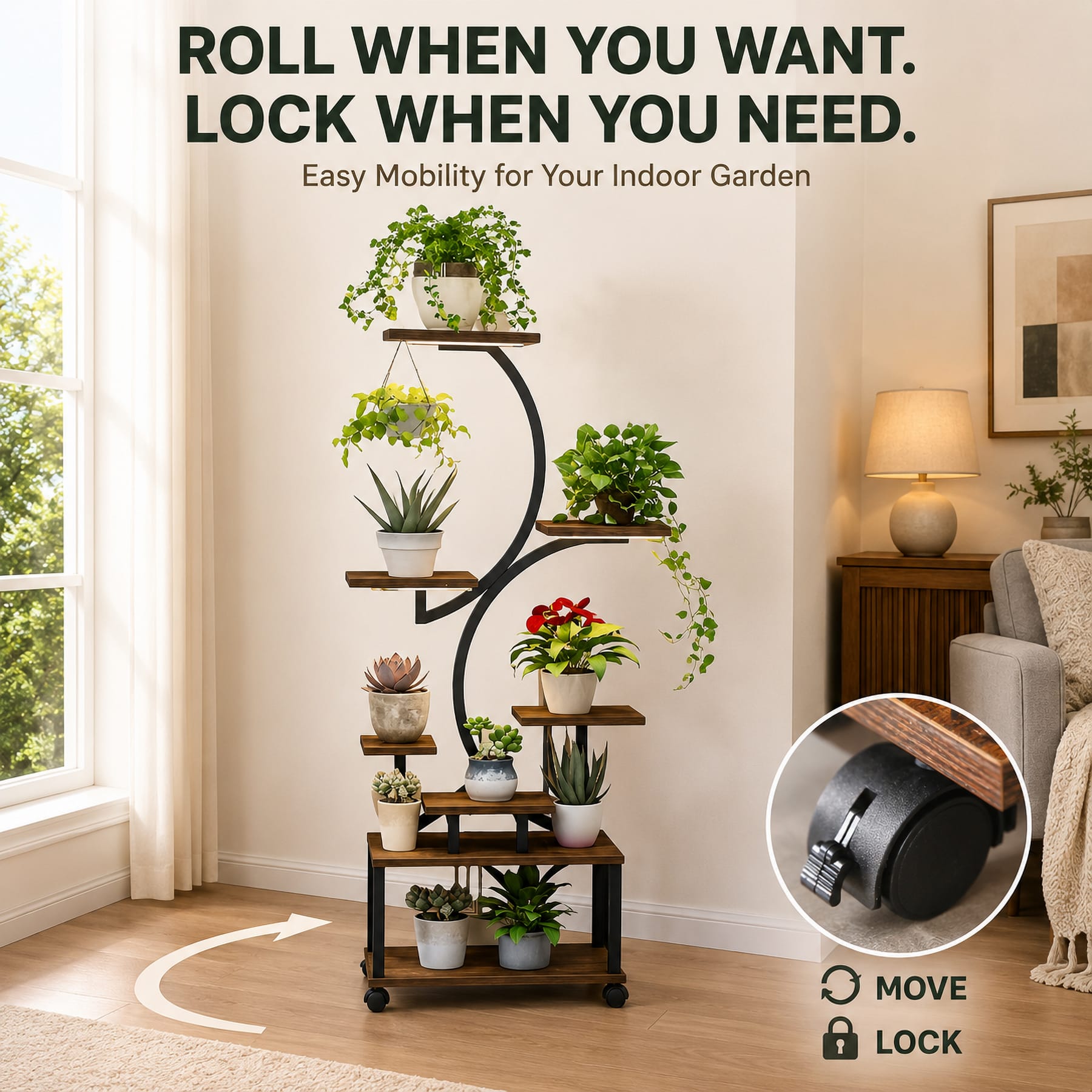 Indoor plant stand with locking caster wheels showing move and lock functions for easy repositioning