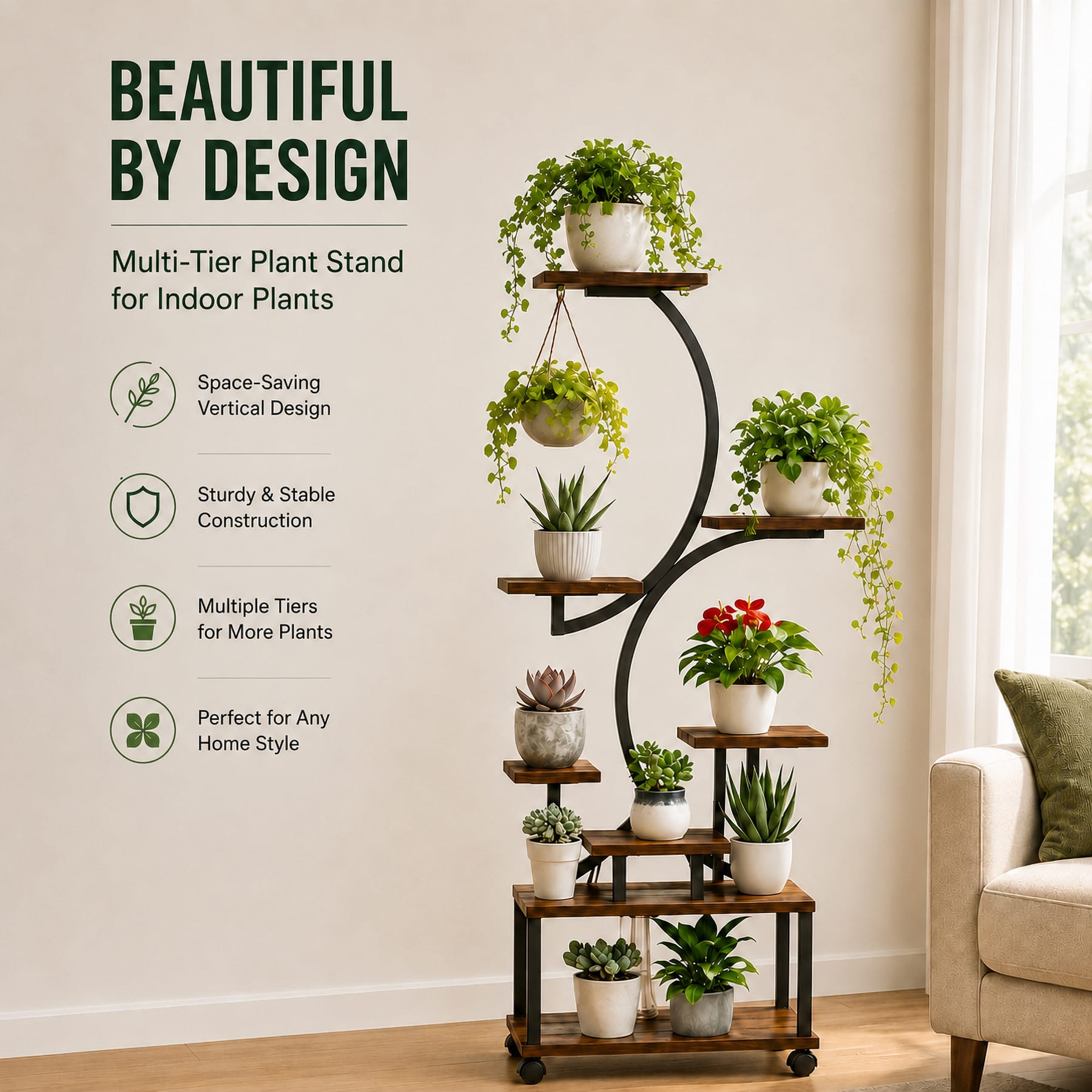 Multi-tier indoor plant stand with vertical space-saving design for displaying multiple plants