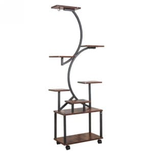 indoor-plant-stand-white-background Black and dark walnut indoor plant stand with eight tiered shelves on a white background