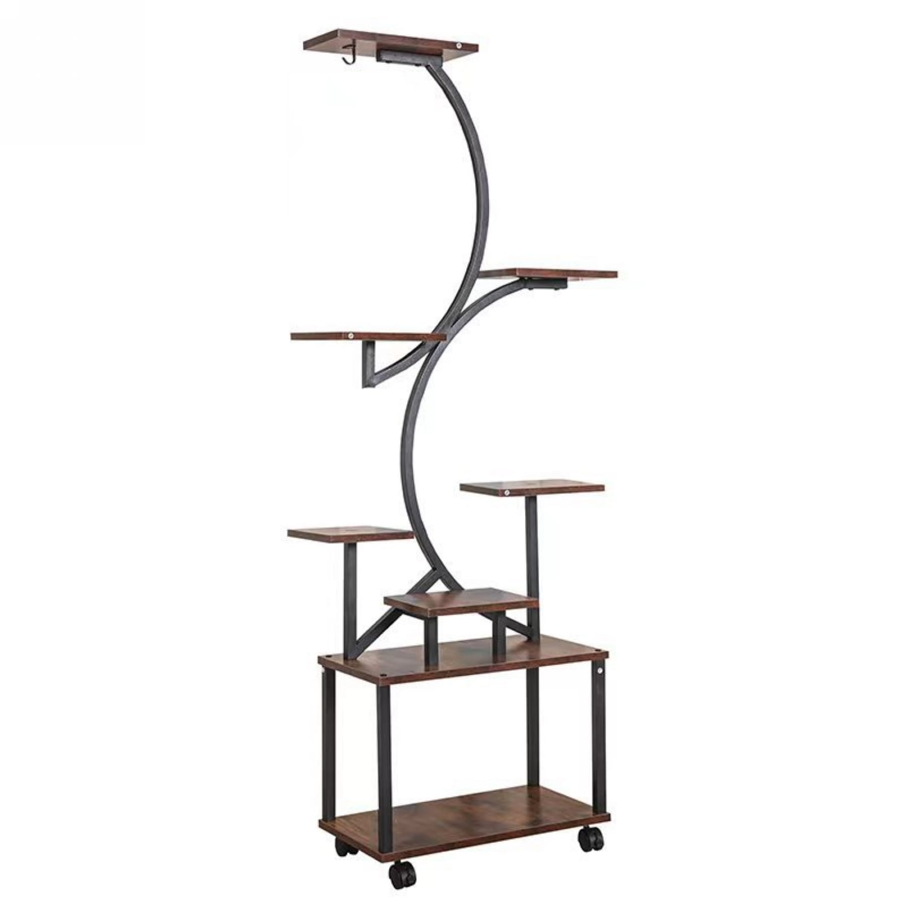 Black and dark walnut indoor plant stand with eight tiered shelves on a white background