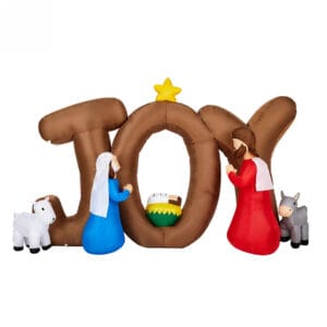 JOY Christmas inflatable nativity scene with Mary, Joseph, baby Jesus, star, and animal figures on a white background