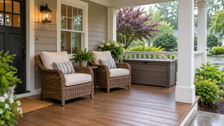 Wicker chairs with cushions beside an outdoor storage box on a covered front porch.