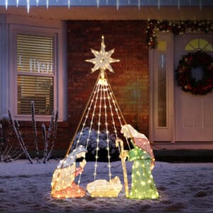 220 LED lighted Christmas Nativity scene with a star topper displayed on a snowy front porch