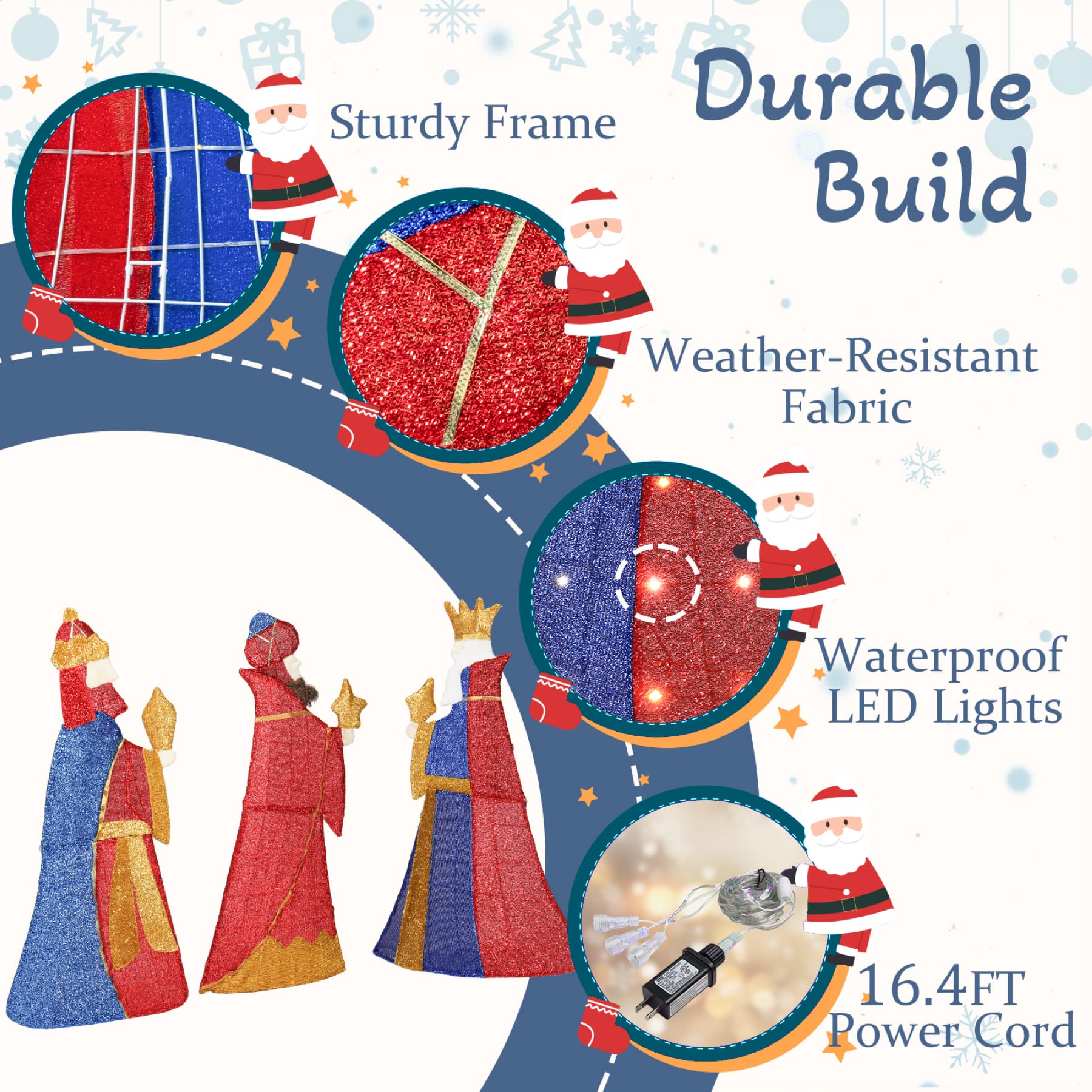 Lighted Three Wise Men Christmas decorations showing metal frames, red and blue tinsel fabric, LED lights, and power cord details