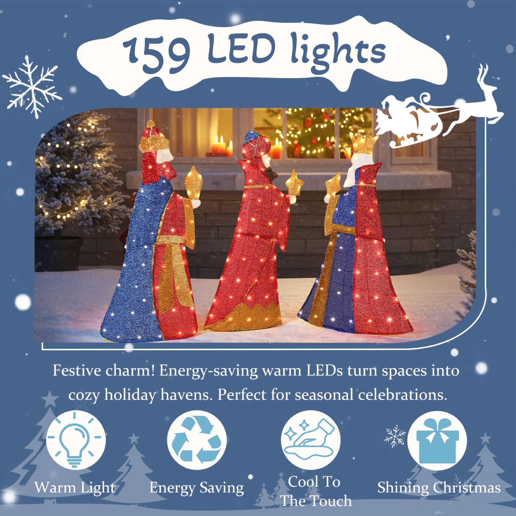 Set of three lighted Wise Men Christmas decorations carrying gifts, illuminated with 159 warm white LED lights in a snowy yard
