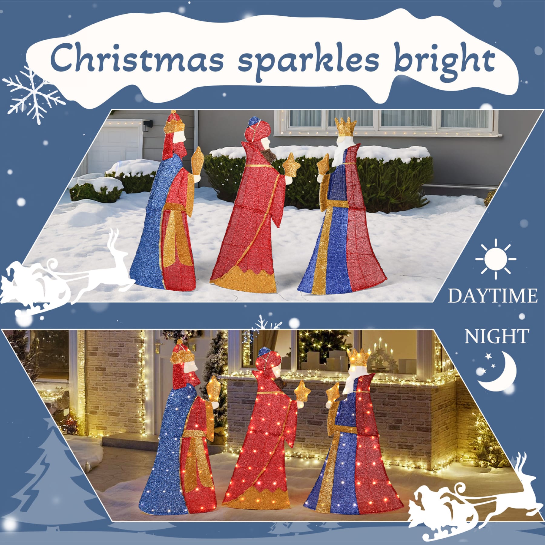 Three Wise Men Christmas yard decorations shown during the day and illuminated with warm white LED lights at night