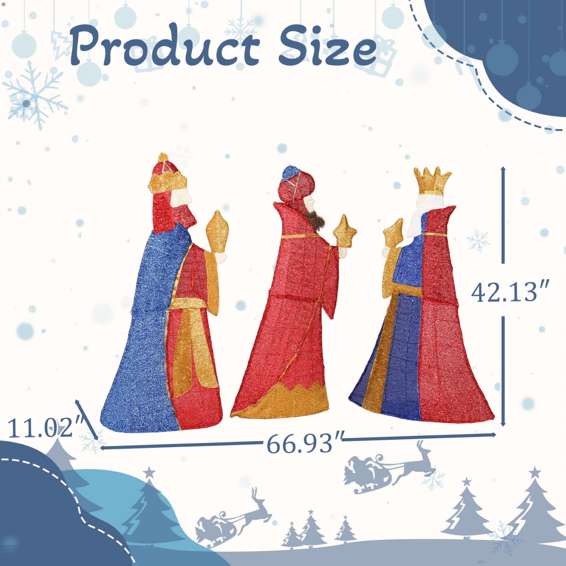 Three Wise Men Christmas decorations dimension guide showing the set at 66.93 inches wide, 42.13 inches tall, and 11.02 inches deep