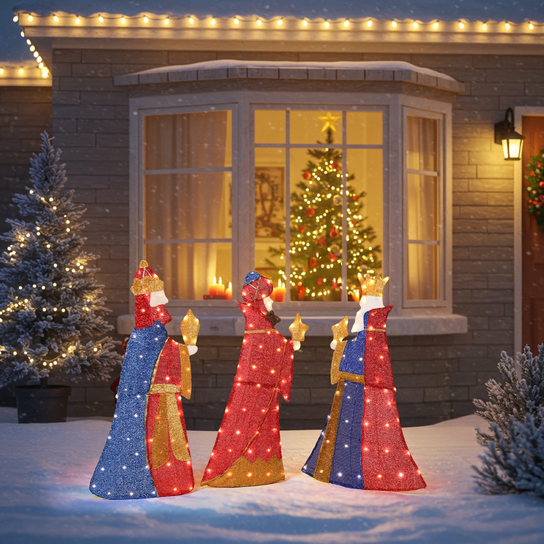 Three lighted Wise Men Christmas decorations carrying gifts, displayed in a snowy front yard with warm white LED lights