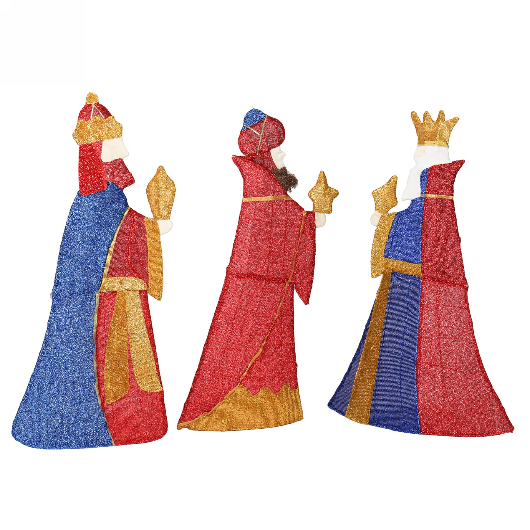 Set of three lighted Wise Men Christmas decorations carrying gifts, with red, blue, and gold tinsel fabric on a white background