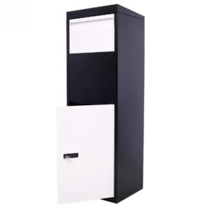 lockable-package-delivery-box-code-lock-white-background White and black lockable package delivery box with code lock and top parcel drop opening on a white background