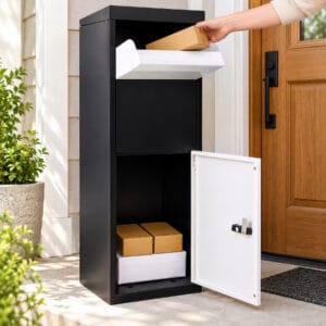 White and black lockable package delivery box with code lock and top parcel drop opening