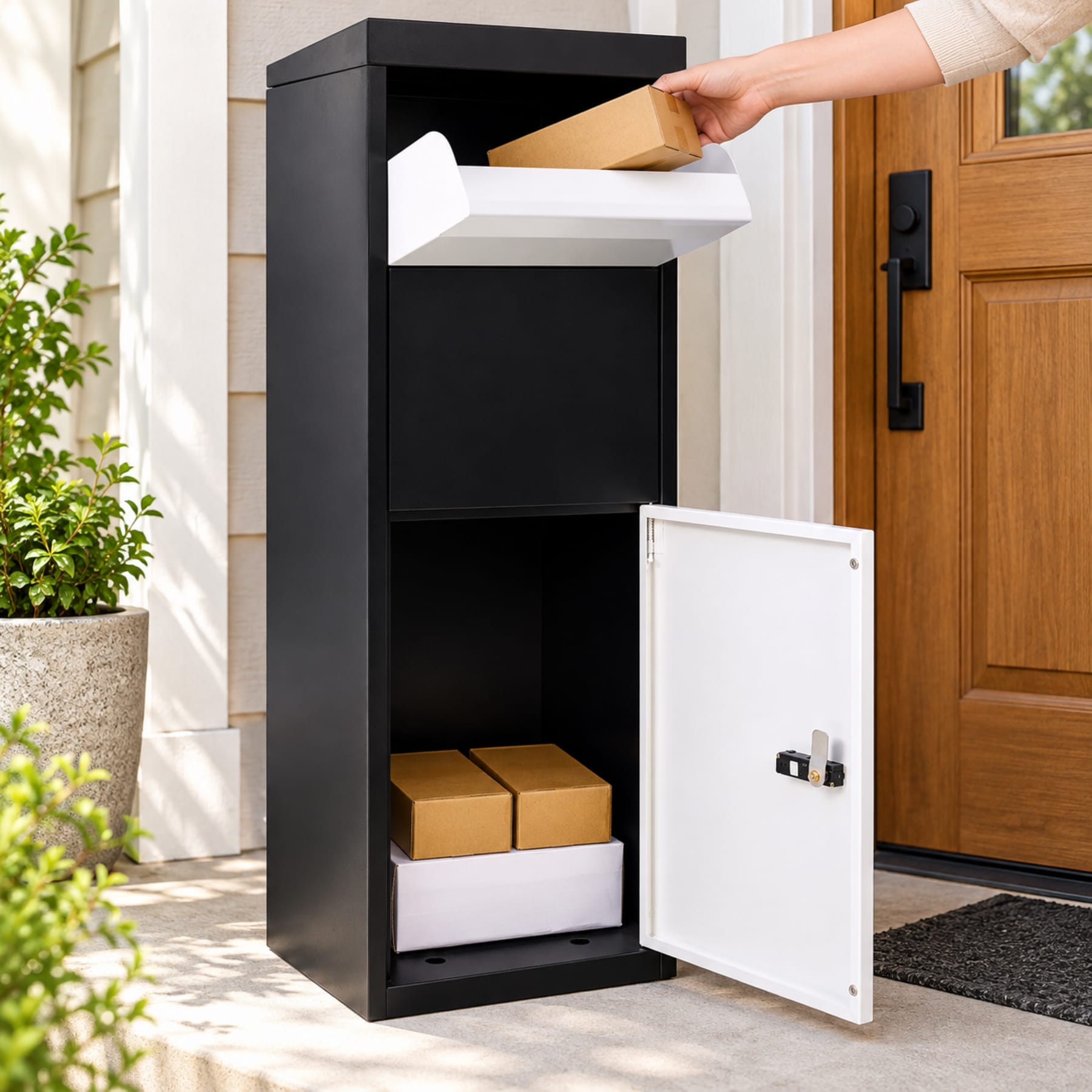 White and black lockable package delivery box with code lock and top parcel drop opening