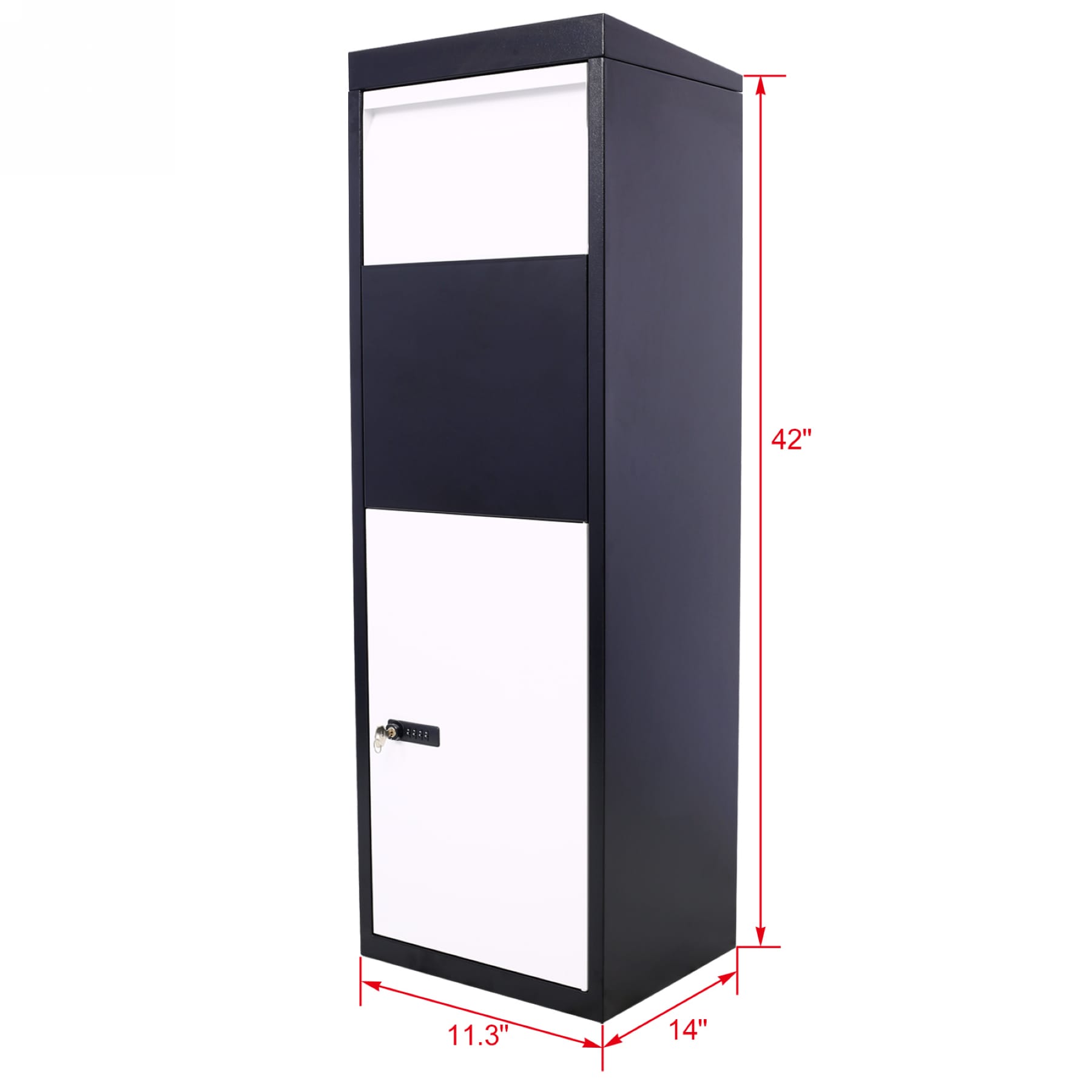 42-inch lockable package delivery box with dimensions shown for porch parcel storage