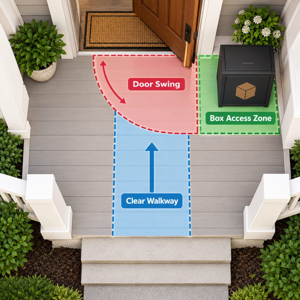 Top-down diagram showing door swing, package box access zone, and clear walkway on a front porch