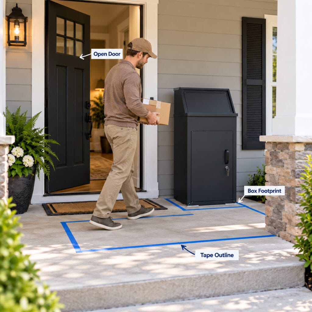 Painter’s tape test showing package box footprint, open front door, and a person carrying a package on a front porch
