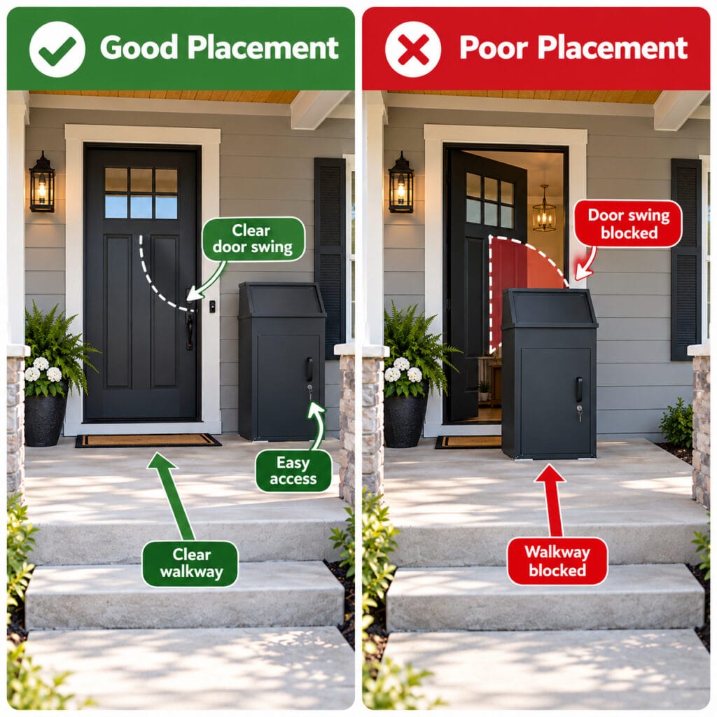 Good and poor package delivery box placement showing clear door swing and walkway versus blocked access