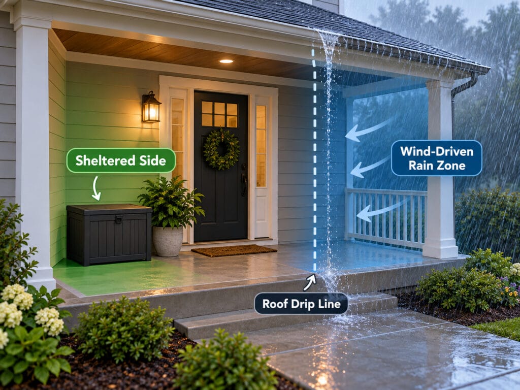 Front porch package box placement showing a sheltered side, wind-driven rain zone, and roof drip line