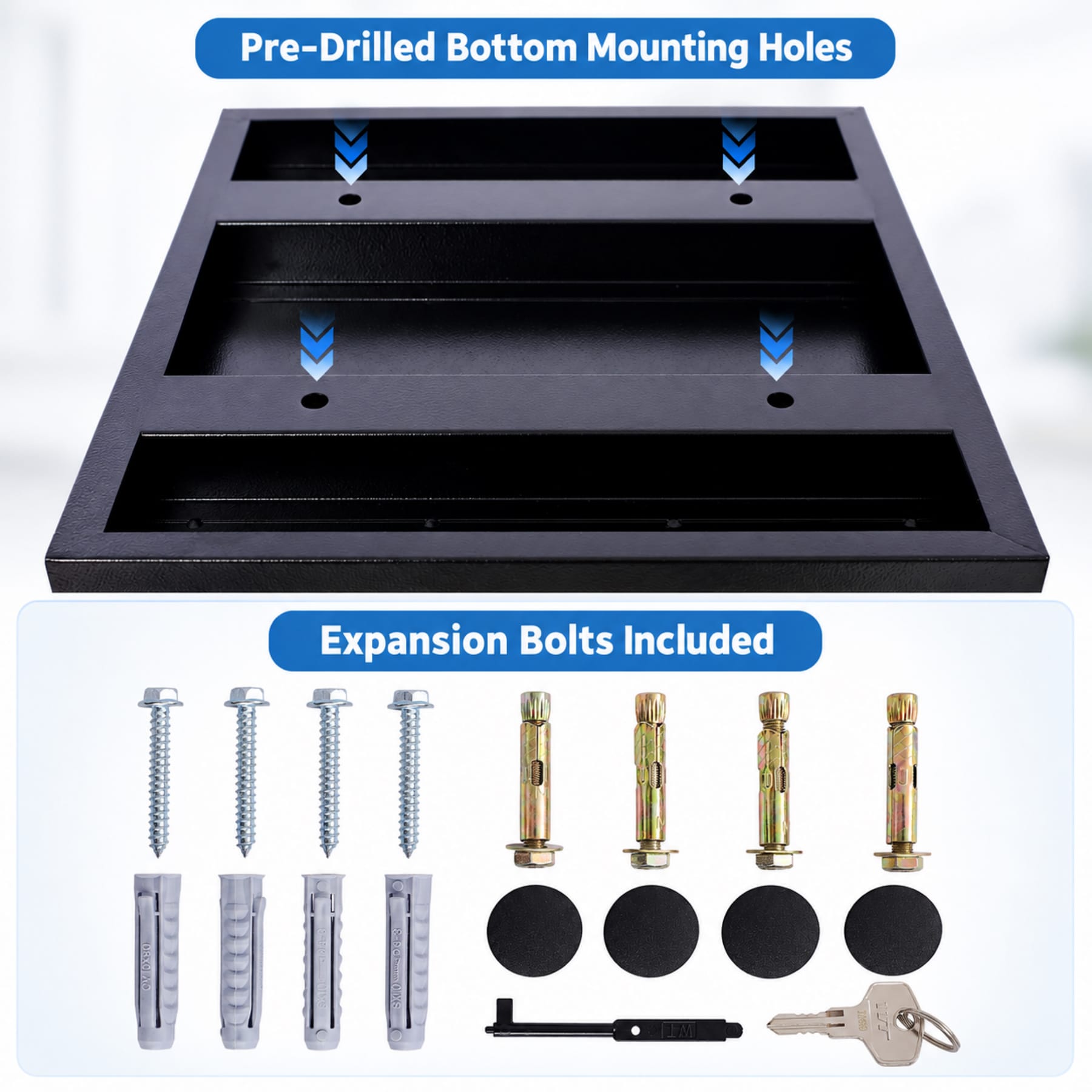 Package delivery box bottom mounting holes with included expansion bolts, screws, and installation hardware
