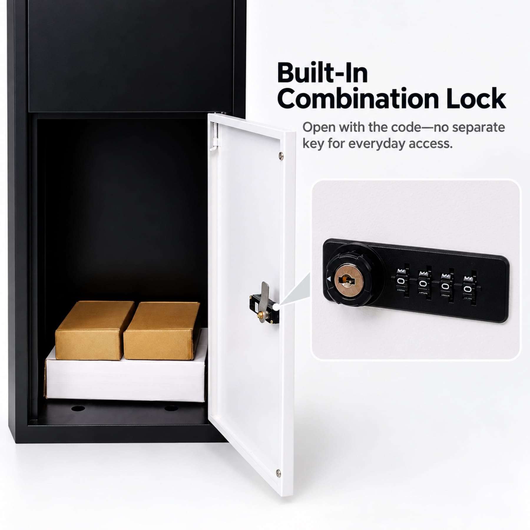 Lockable package delivery box with built-in combination lock and lower parcel retrieval door