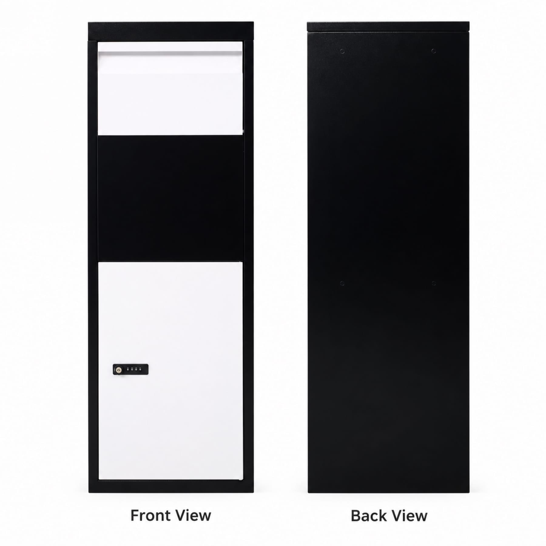 Lockable package delivery box shown from front and back with top parcel drop section and lower access door