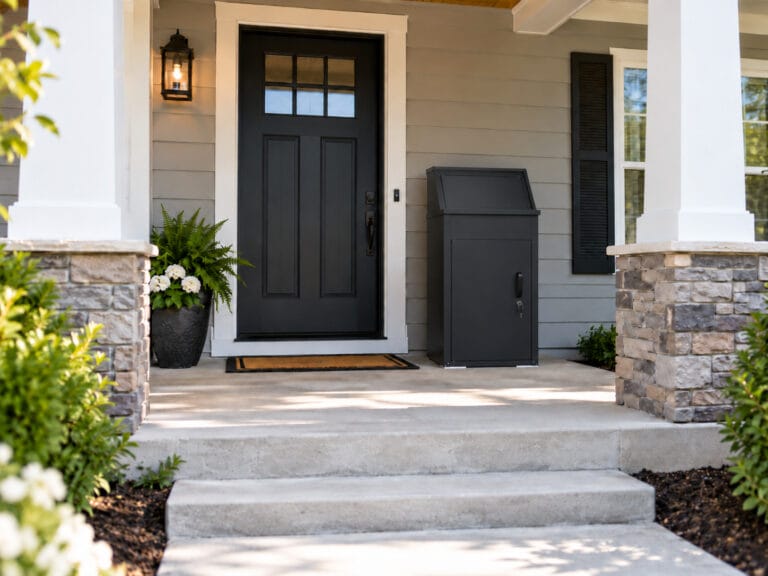Package delivery box beside a front door on a covered porch with a clear walkway