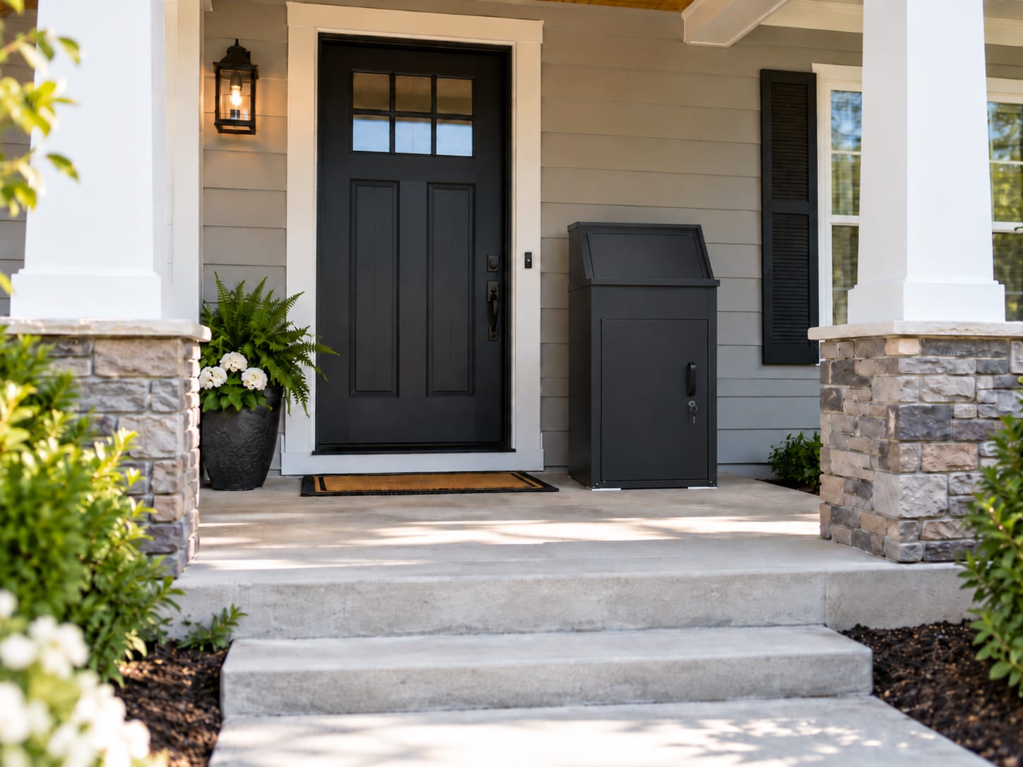 Package delivery box beside a front door on a covered porch with a clear walkway