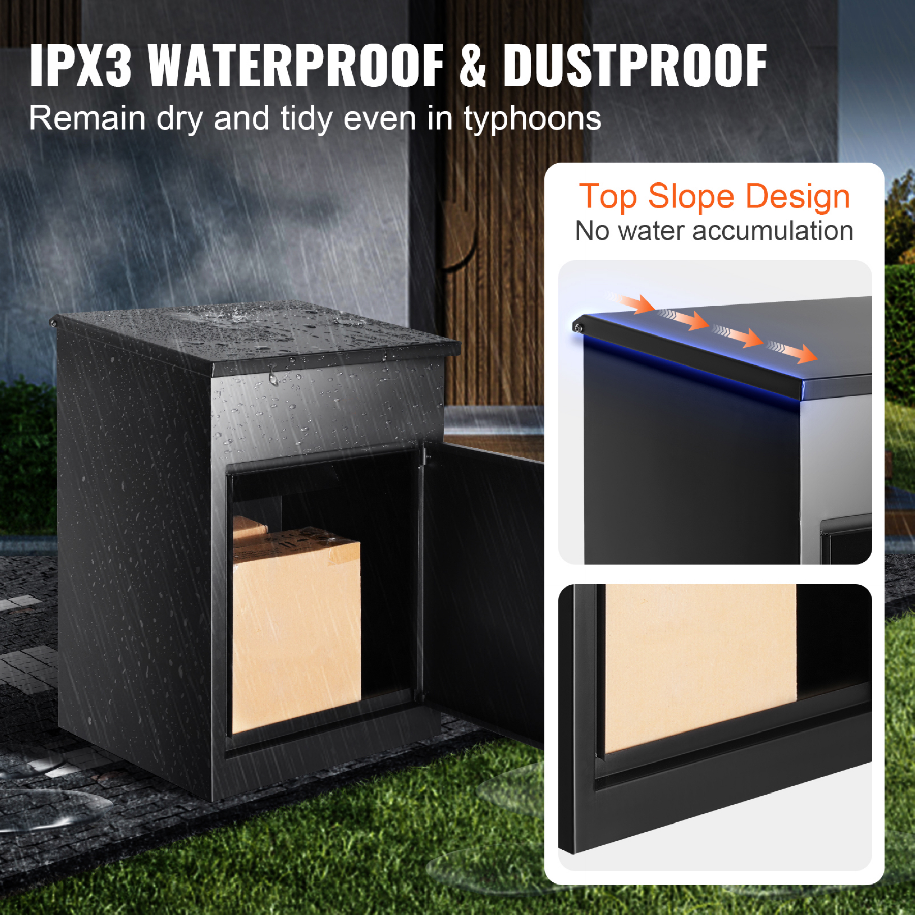 Package delivery box with IPX3 water resistance and sloped top design for outdoor use