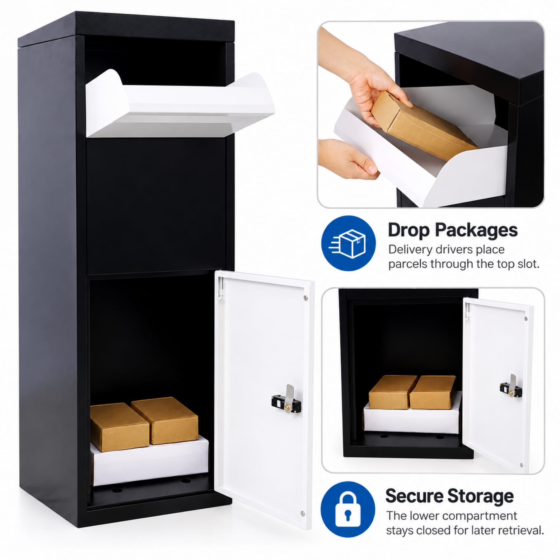 Package delivery box showing top parcel drop opening and lower storage compartment for later retrieval