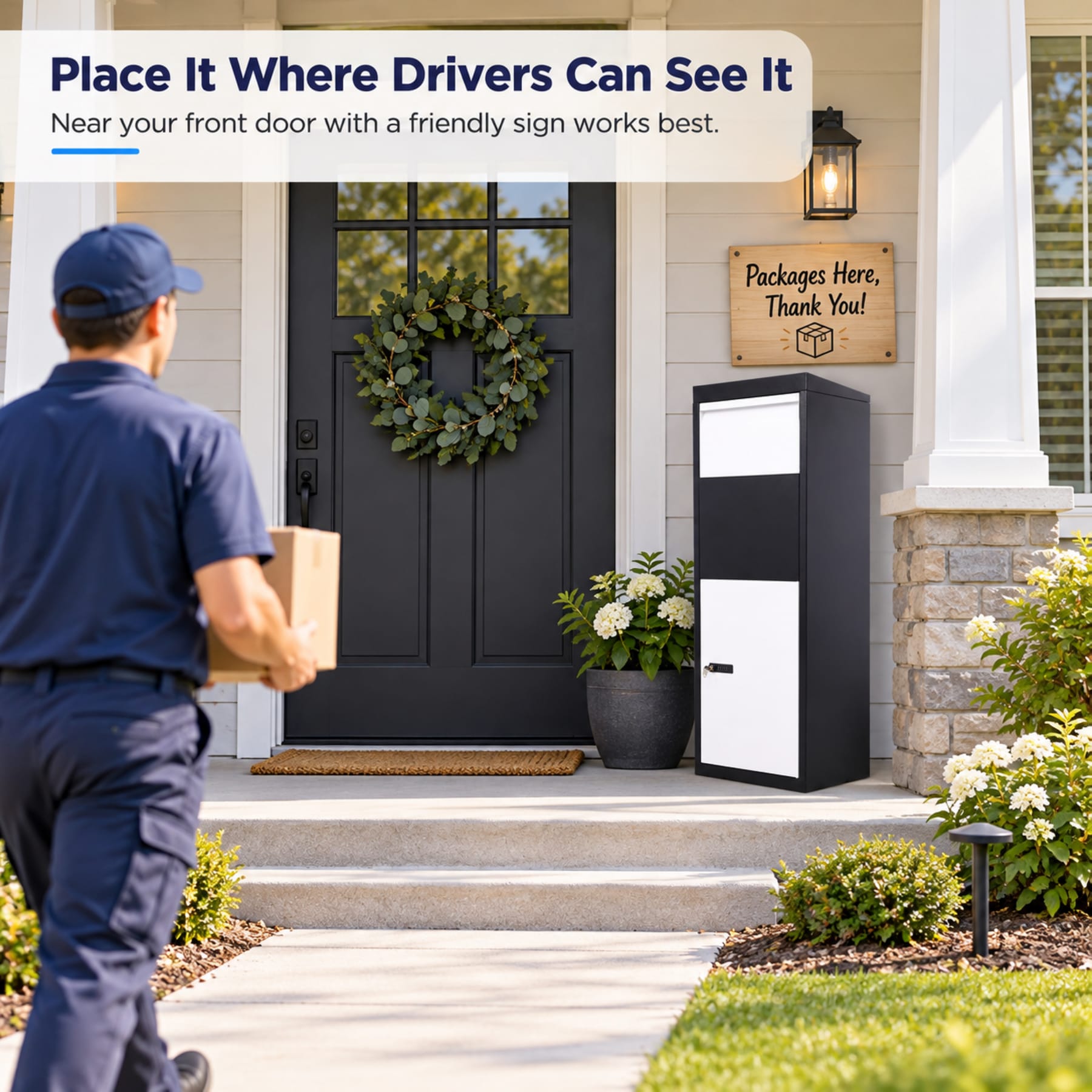 Package delivery box placed beside a front door with a clear sign for delivery drivers