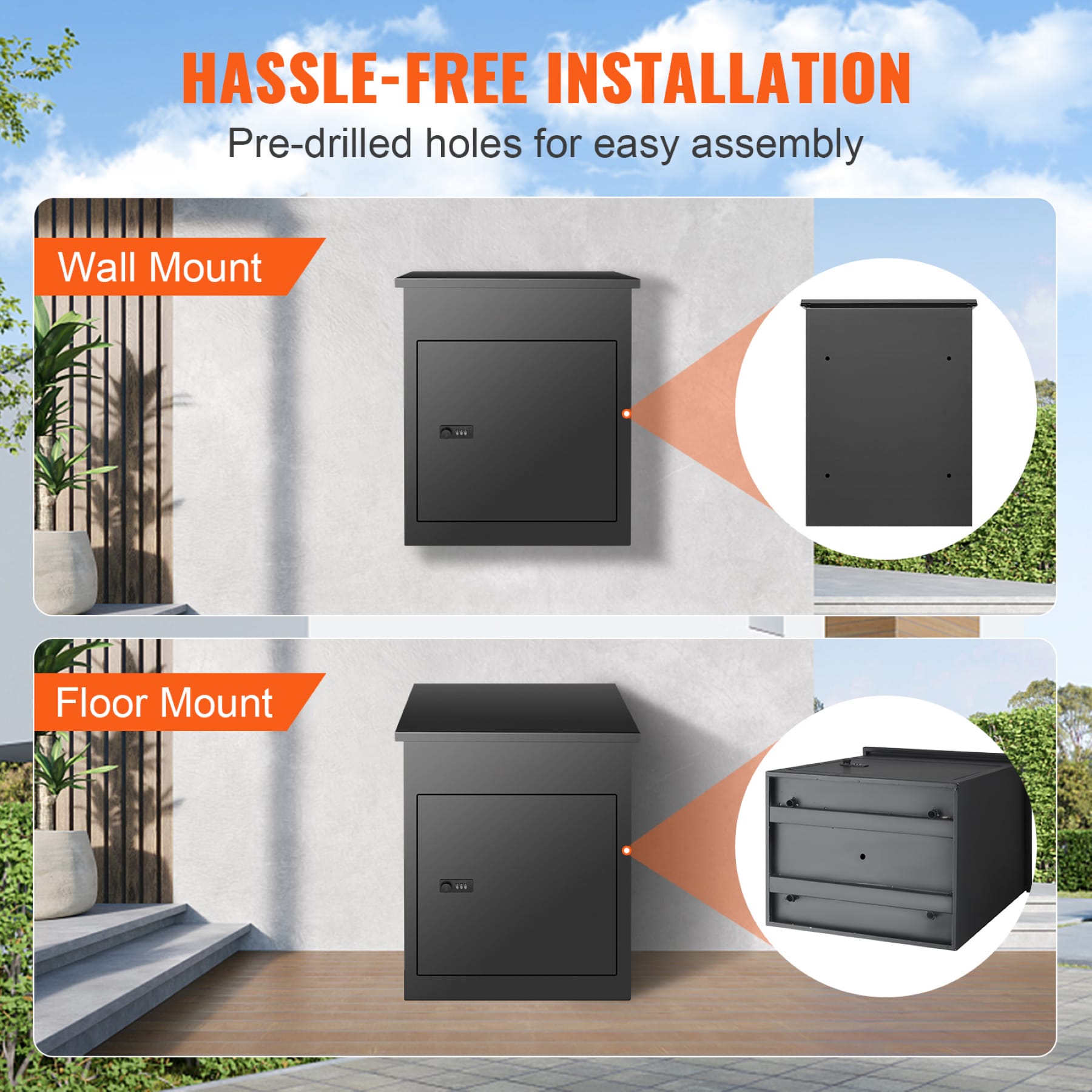 Package delivery box installation guide showing pre-drilled holes for wall mount and floor mount options