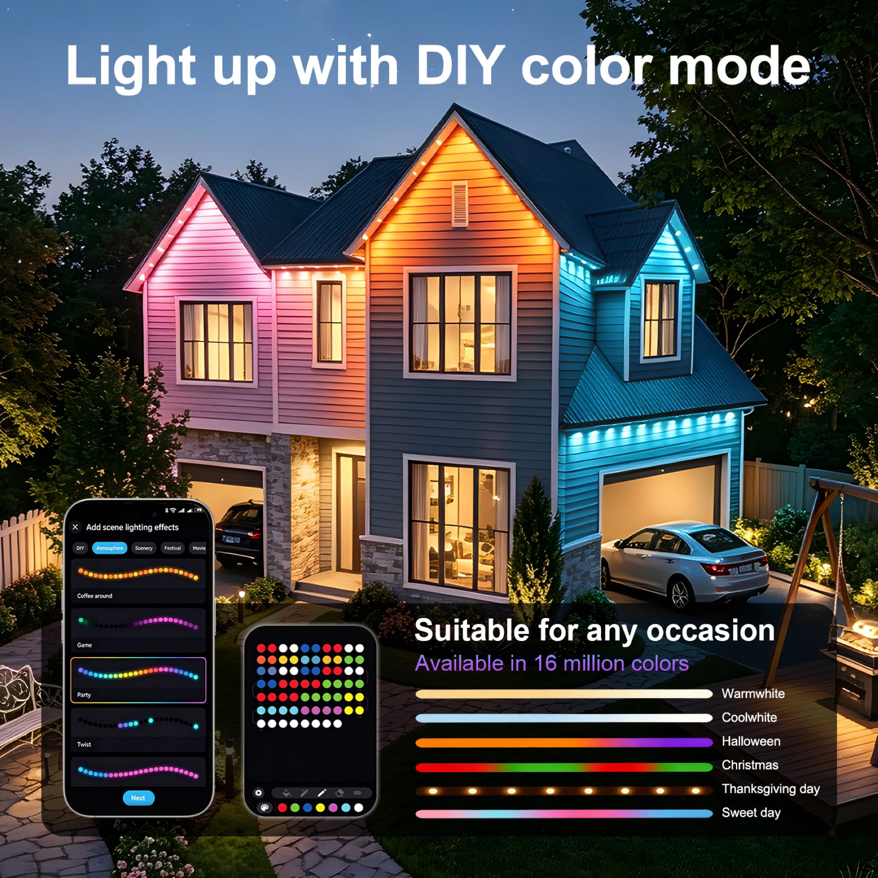 Permanent outdoor eave lights with DIY color modes, warm and cool white, and holiday lighting scenes