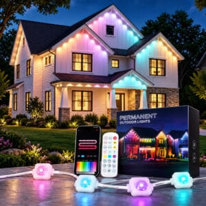 Permanent outdoor eave lights installed along a house roofline with RGB lighting effects