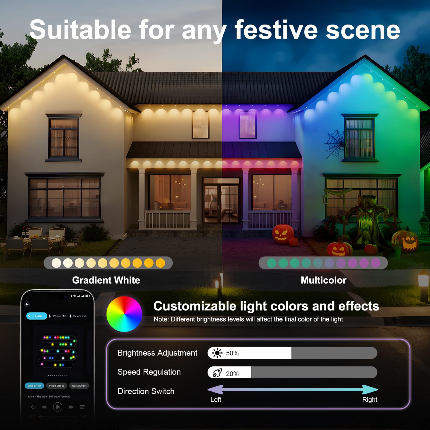 Permanent outdoor eave lights with multicolor scenes, music sync, brightness, speed, and direction controls