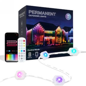 Permanent outdoor eave light kit with white RGB light modules, remote control, and app interface on a white background