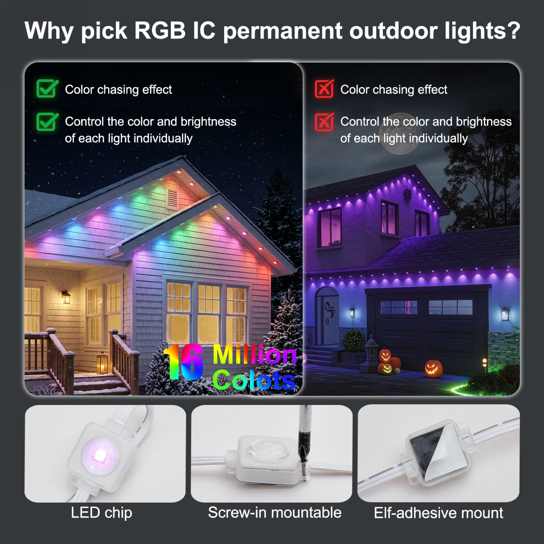 RGB IC permanent outdoor lights with color chasing effects, individual light control, and screw or adhesive mounting