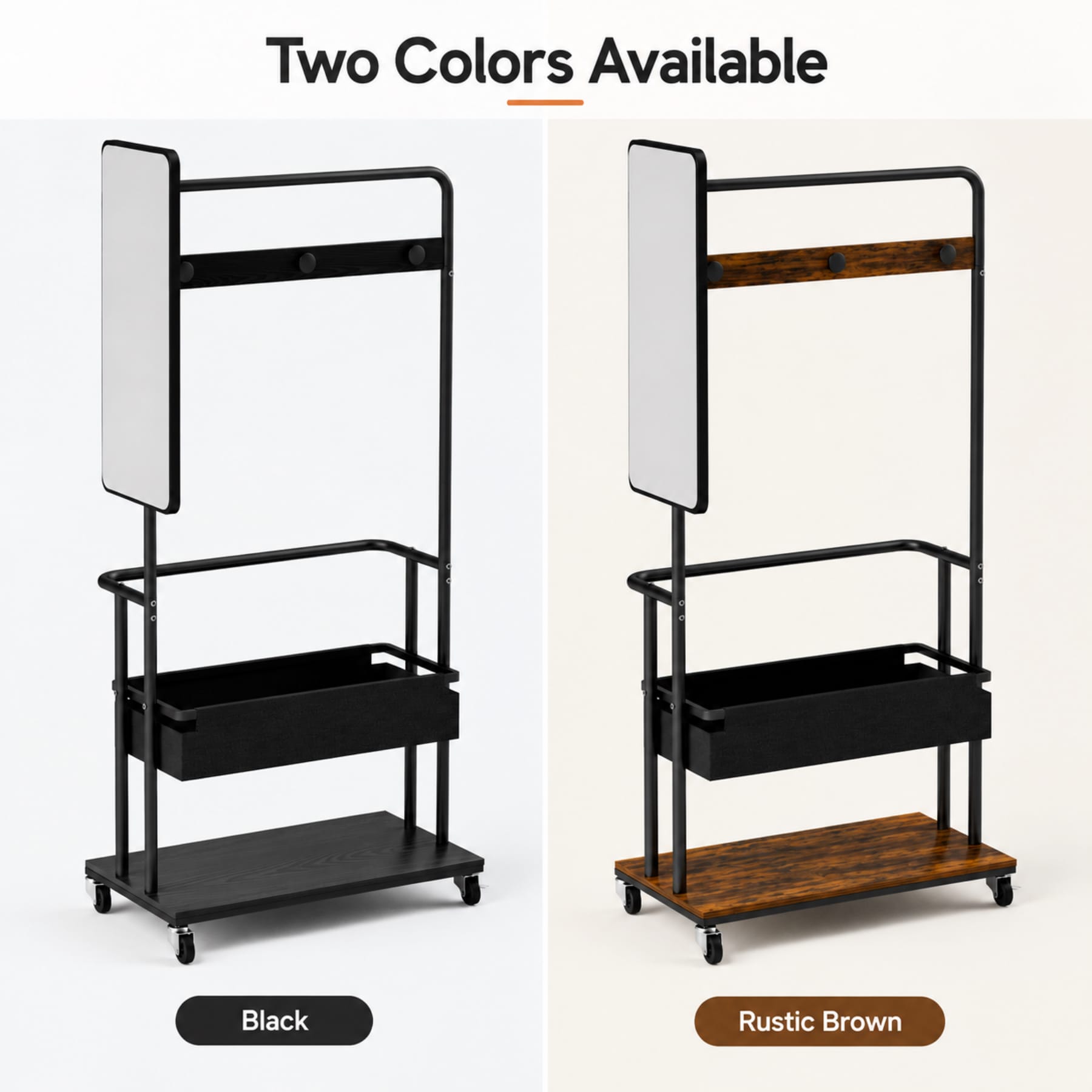 Rolling coat rack with side mirror, storage basket, and lower shelf shown in Black and Rustic Brown color options