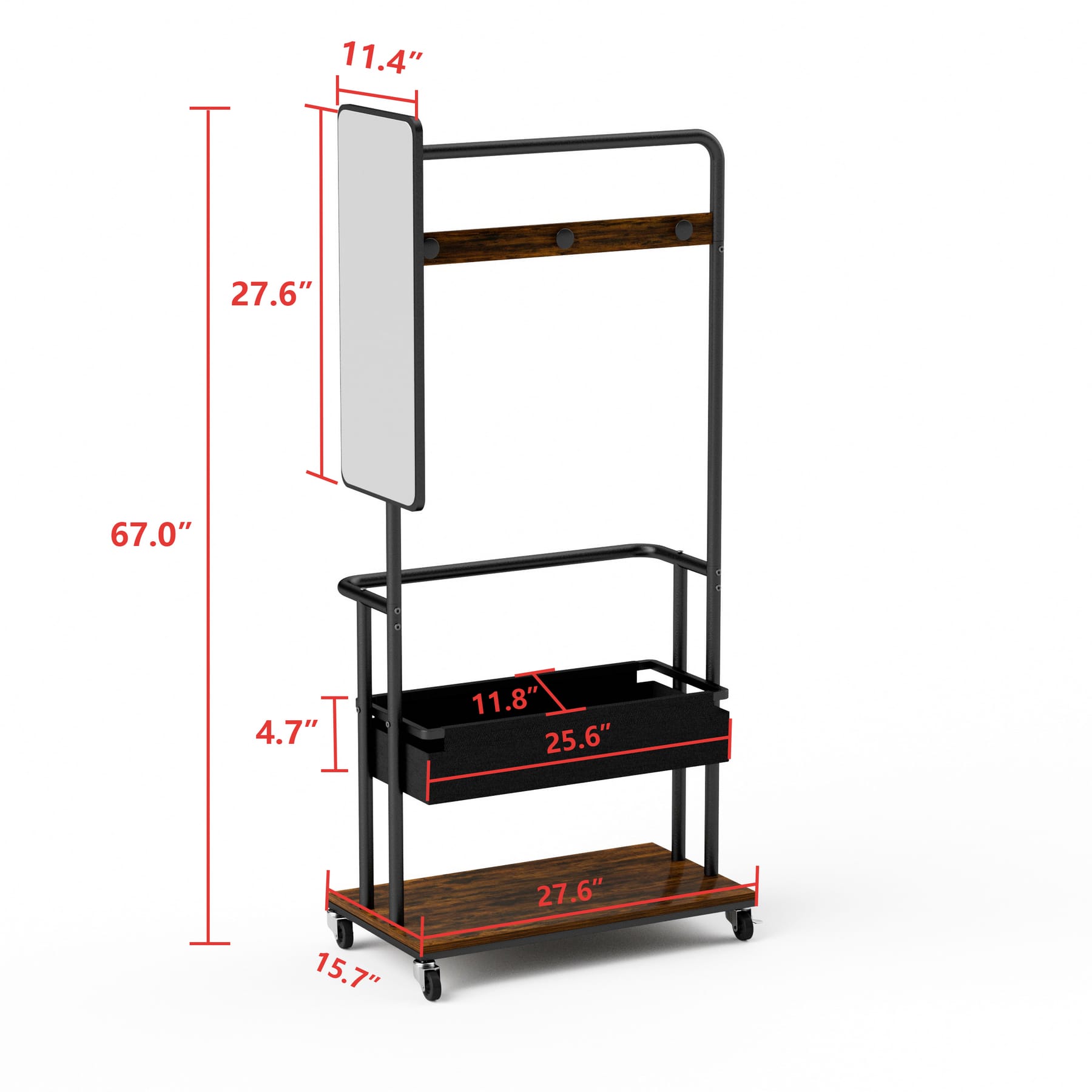 Rolling coat rack with side mirror dimension guide showing 27.6-inch width, 15.7-inch depth, and 67-inch height