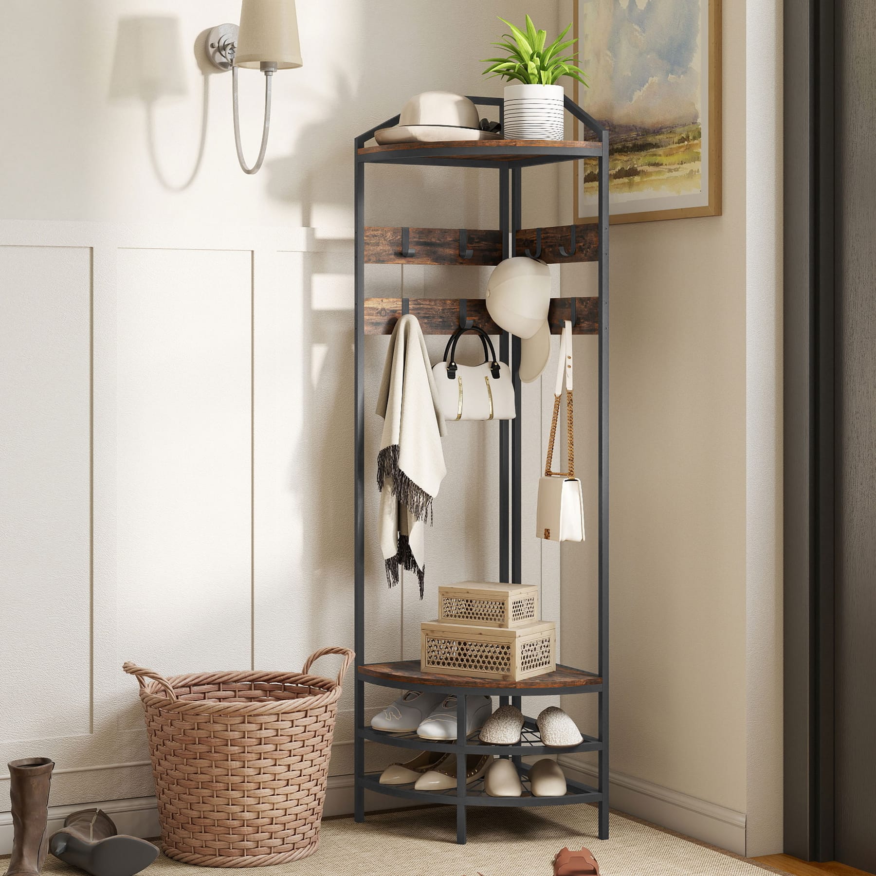 Rustic brown corner hall tree with black metal frame, coat hooks, storage shelves, and two-tier shoe rack in an entryway