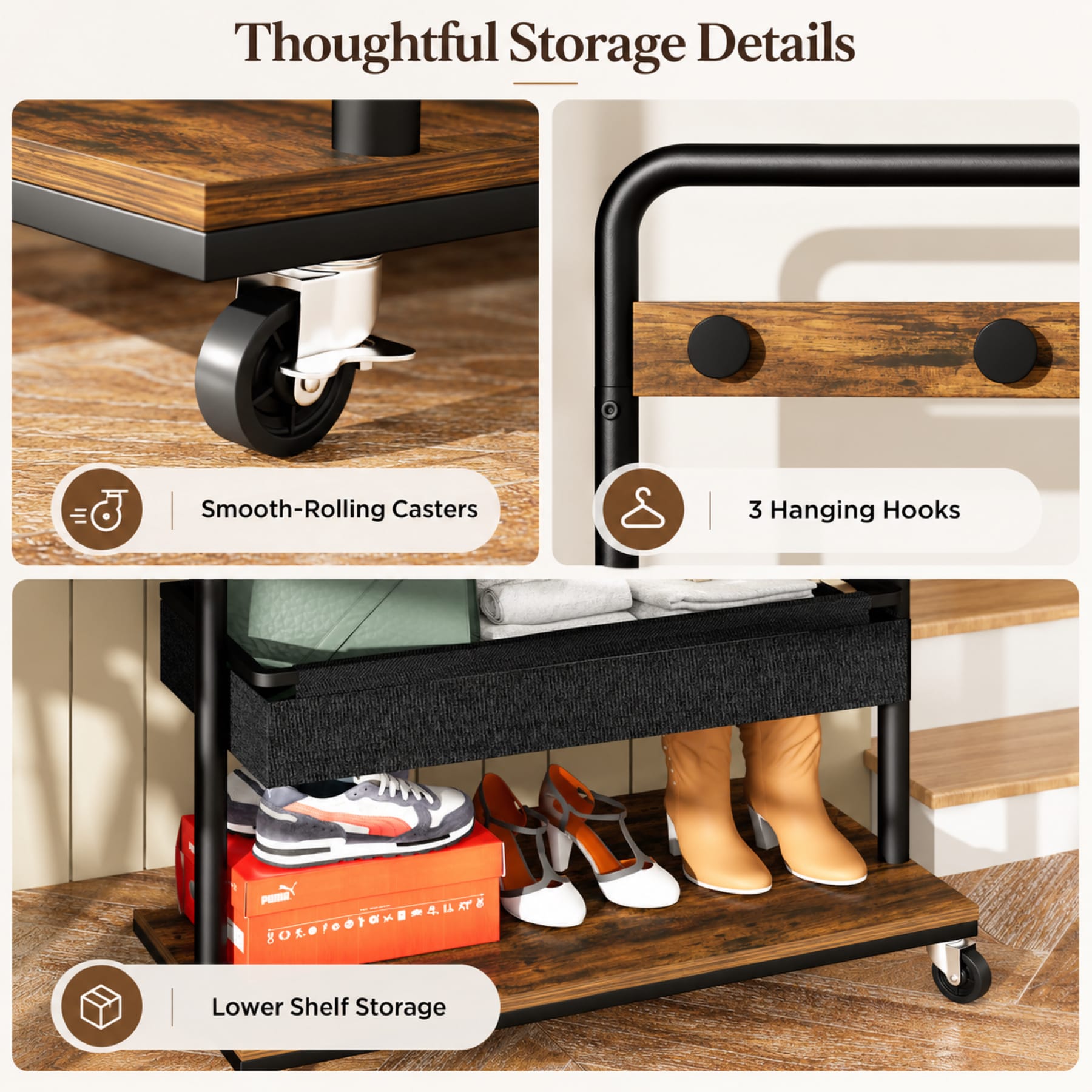 Rustic Brown rolling coat rack detail collage showing three hanging hooks, swivel caster with brake, and lower shoe storage shelf