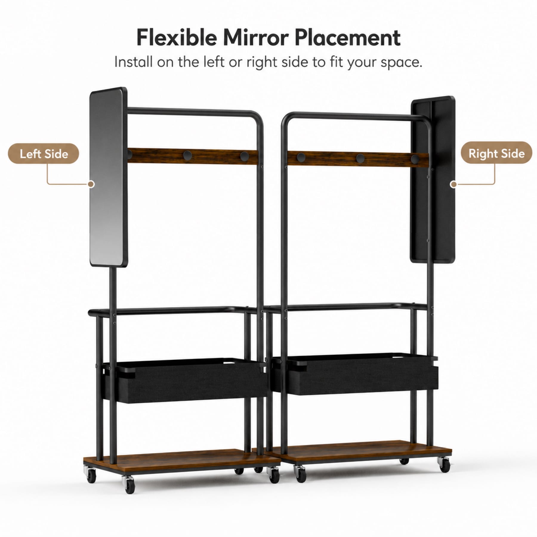 Rustic Brown rolling coat rack showing left-side and right-side mirror installation options