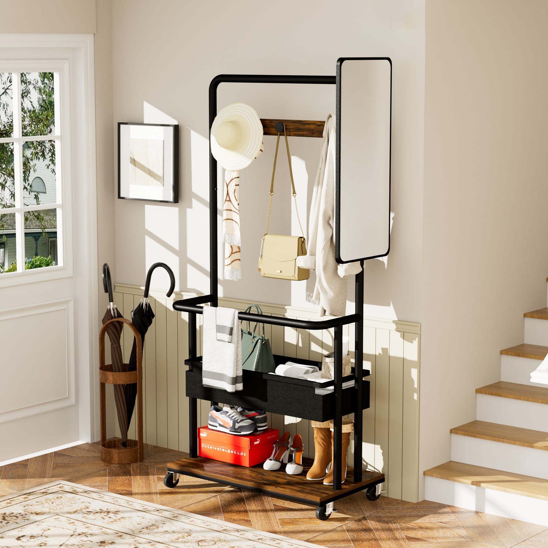 Rustic Brown rolling coat rack with side mirror, coat hooks, storage basket, and lower shoe shelf near an entryway staircase