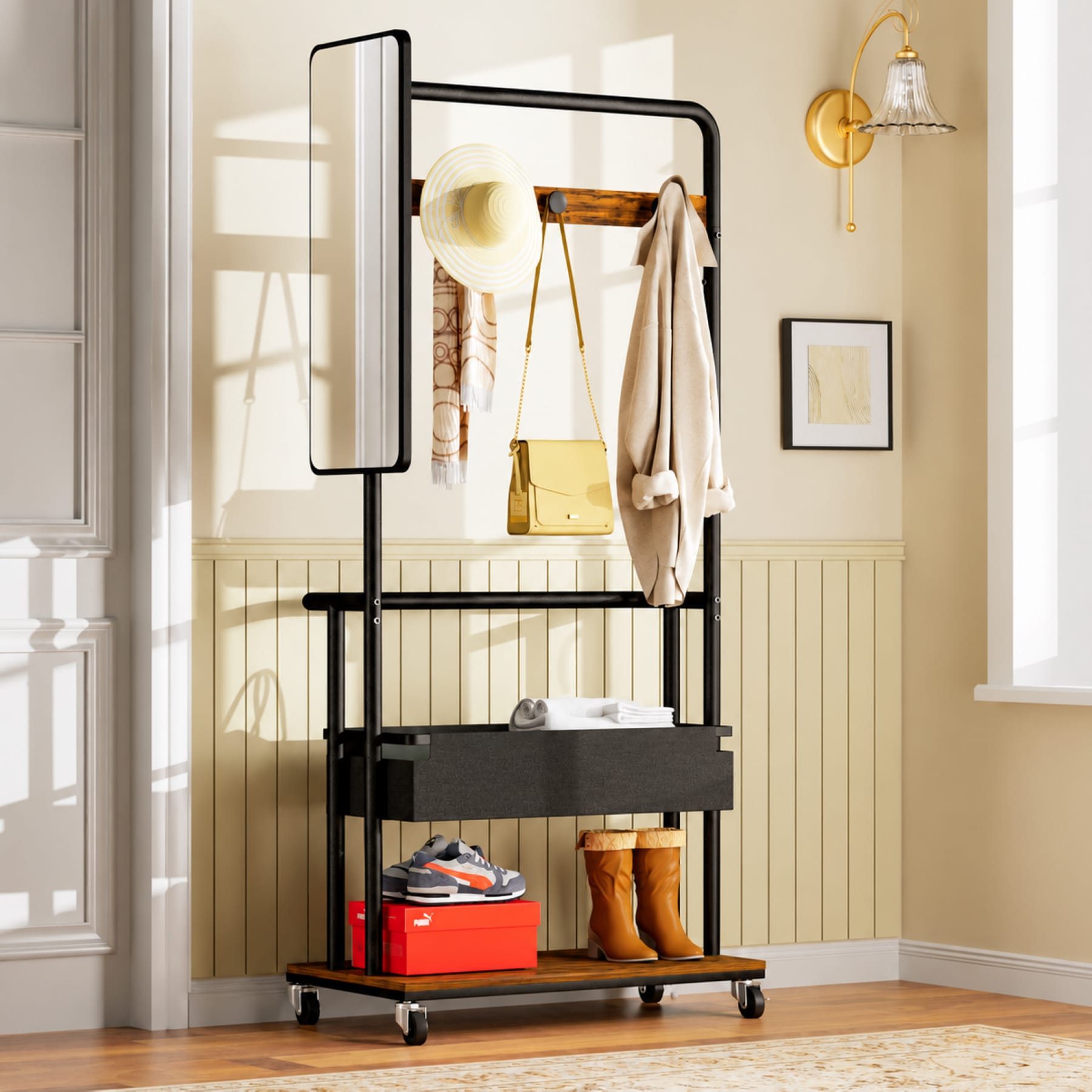 Rustic brown rolling coat rack with black metal frame, side mirror, storage basket, and lower shoe shelf in an entryway