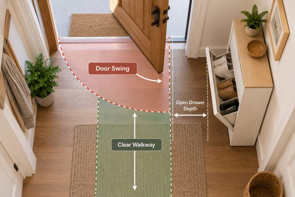 Top-down view of a narrow entryway showing a flip-drawer shoe cabinet, door swing, open drawer depth, and clear walkway