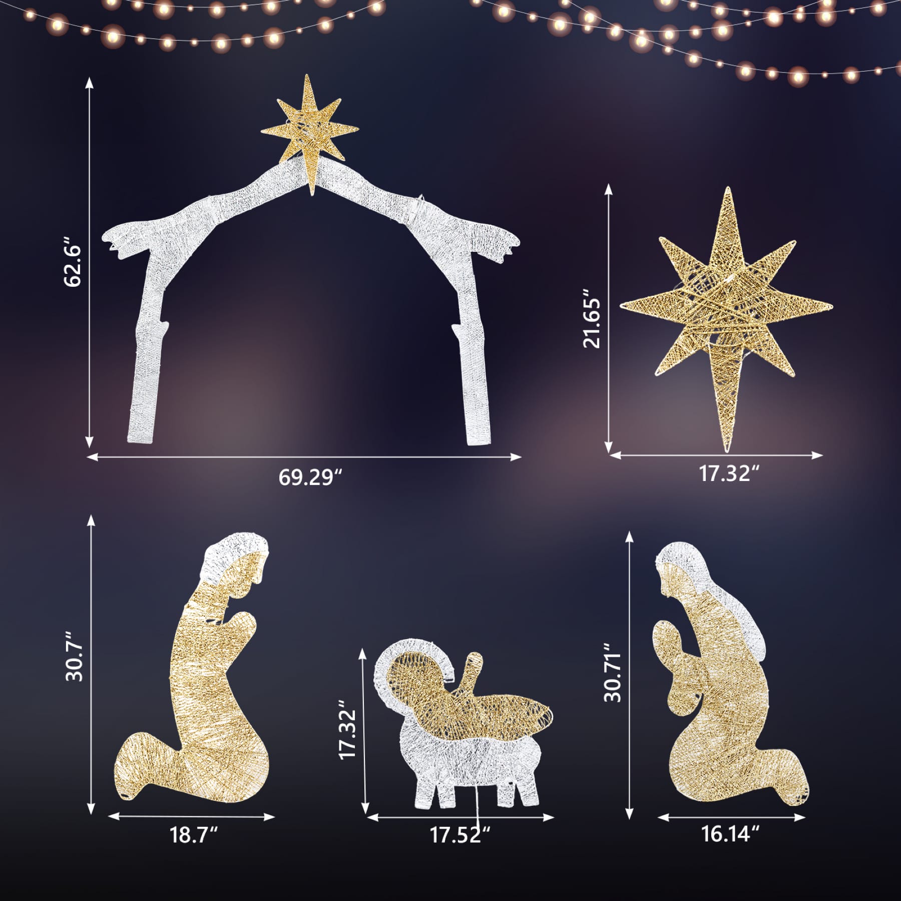 Silver roof lighted Nativity scene dimension chart showing manger frame, Bethlehem star, Mary, Joseph, and center figure measurements
